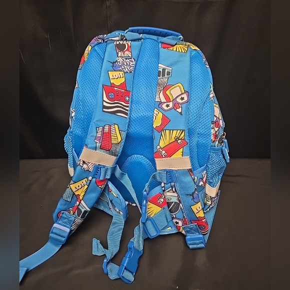 Blue Printed Backpack 10" Wide 15" Tall Double Secure Straps & Pockets - Picture 3 of 16